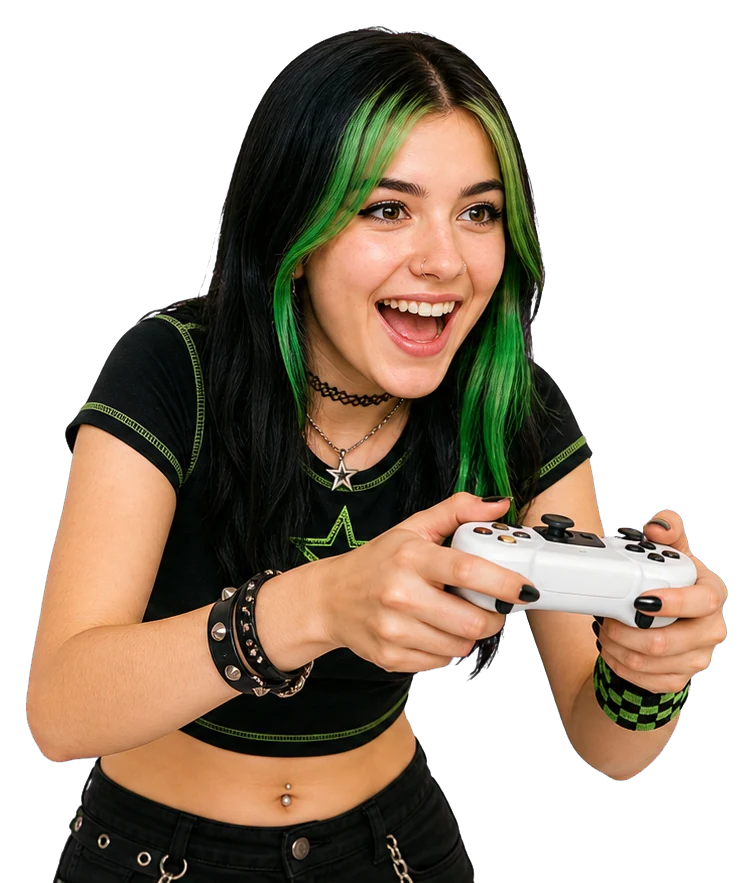 Chica gamer jugando con un joystick blanco